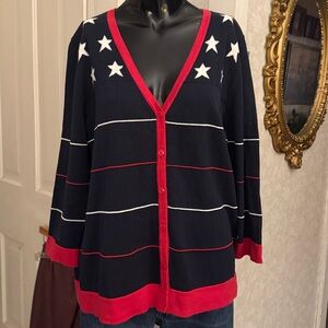 Christopher & Banks Red White Blue Stars Stripes V-Neck Cardigan Sweater Large